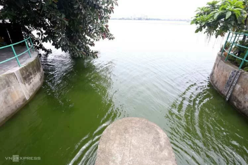 Hai cửa xả ở phố Trích Sài (Tây Hồ) mở cửa xả nước vào sông Tô Lịch sáng 9/7. Ảnh: Bá Đô.