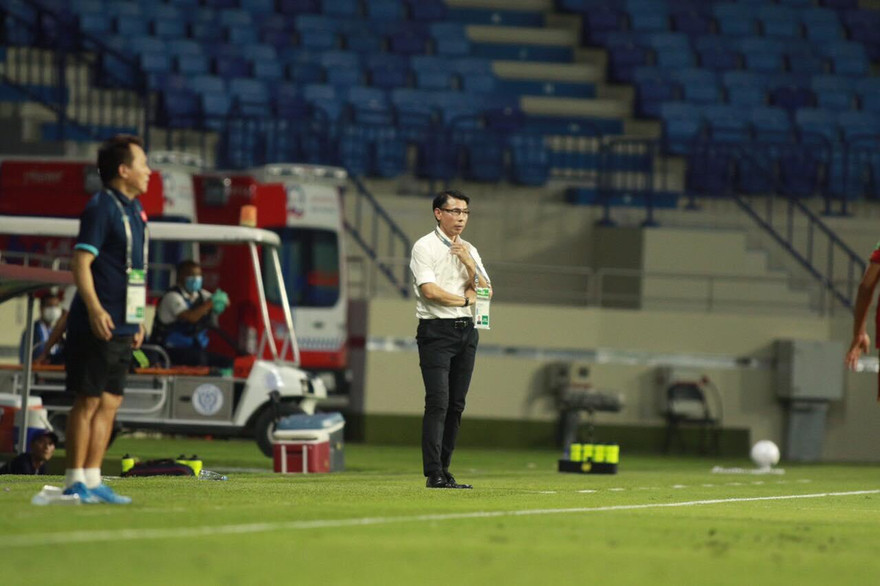 HLV Tan Cheng Hoe hài lòng với màn trình diễn của các tuyển thủ Malaysia. Ảnh: Hữu Phạm (từ UAE)