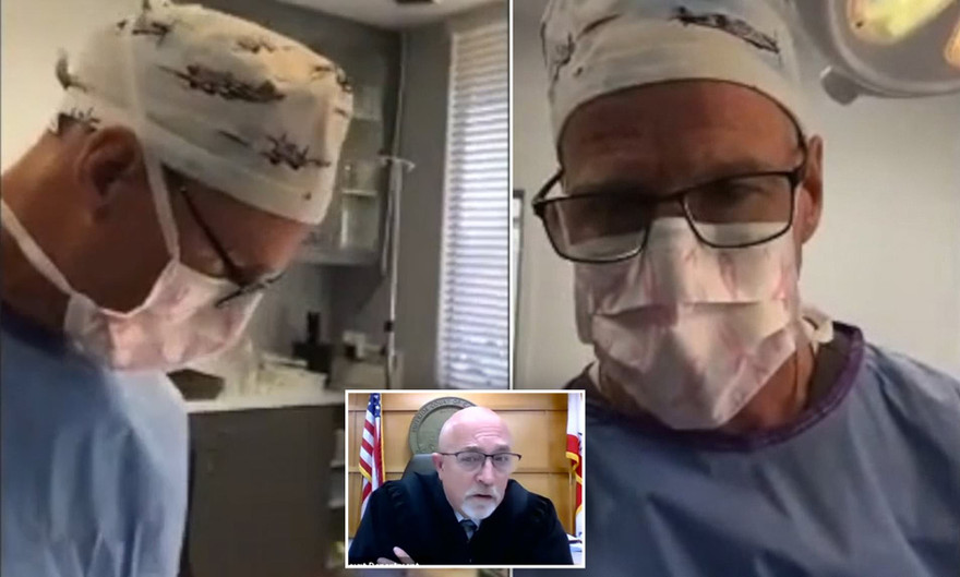 Bác sĩ Green tham gia phiên tòa trực tuyến khi đang phẫu thuật. 