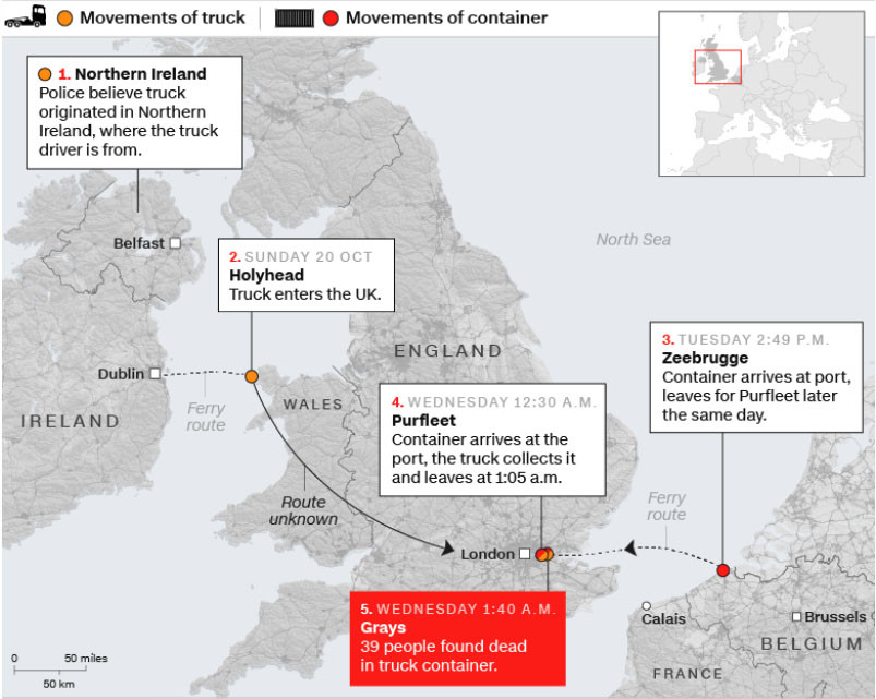 Đường đi của container và xe tải. Đồ họa: CNN.