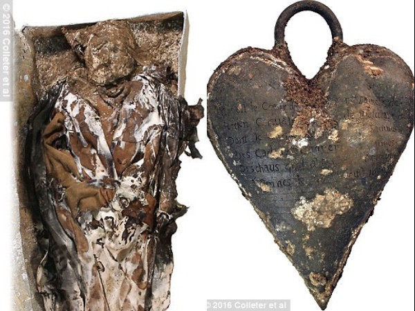 Hài cốt bà Louise và chiếc hộp chứa trái tim của người chồng.