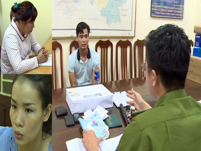 Các đối tượng cùng tang vật tại cơ quan Công an. Ảnh: Nguyễn Thái.