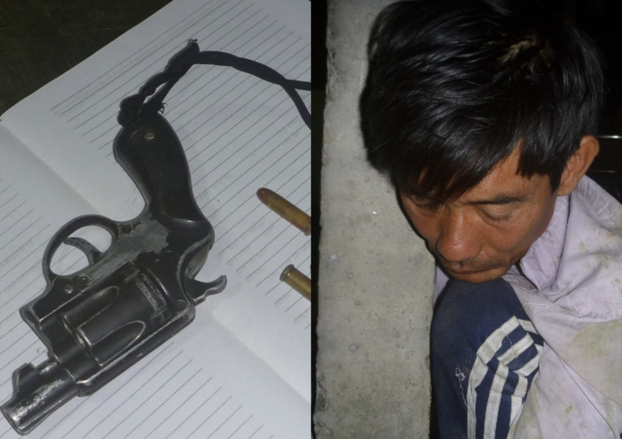 Đối tượng Nguyễn Văn Bình và khẩu súng dùng để bắn vào dân.