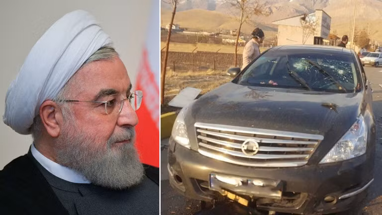 Ảnh trái: Tổng thống Iran Hassan Rouhani. Ảnh phải: Chiếc xe của ông Fakhrizadeh sau vụ tấn công. Ảnh: Reuters