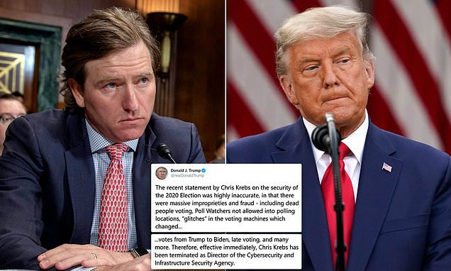 Ông Chris Krebs (ảnh trái), ông Donald Trump (ảnh phải) và dòng Tweet mới nhất của Tổng thống (ảnh giữa).