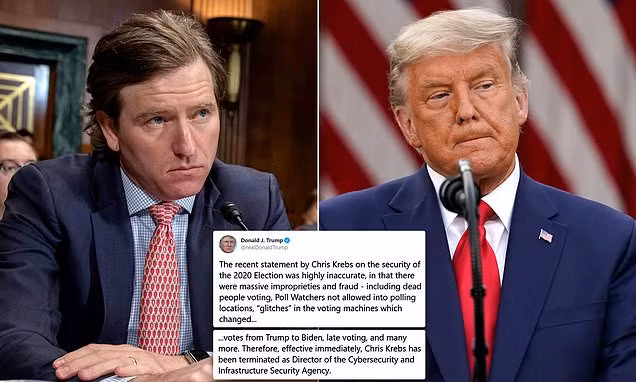 Ông Chris Krebs (ảnh trái), ông Donald Trump (ảnh phải) và dòng Tweet mới nhất của Tổng thống (ảnh giữa).