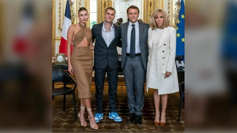 Từ phải sang: Phu nhân Brigitte, Tổng thống Pháp Macron, nam ca sĩ Justin Bieber, siêu mẫu Hailey Bieber Ảnh: Instagram