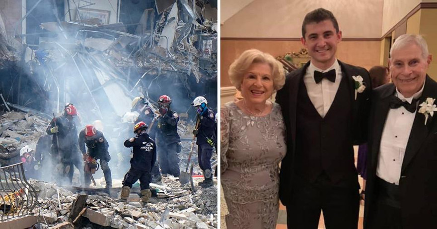 Hiện trường vụ sập chung cư (ảnh trái) và ông bà Notkin (ảnh phải).