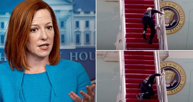 Bà Jen Psaki (trái) và khoảnh khắc ông Biden vấp ngã cầu thang (phải).