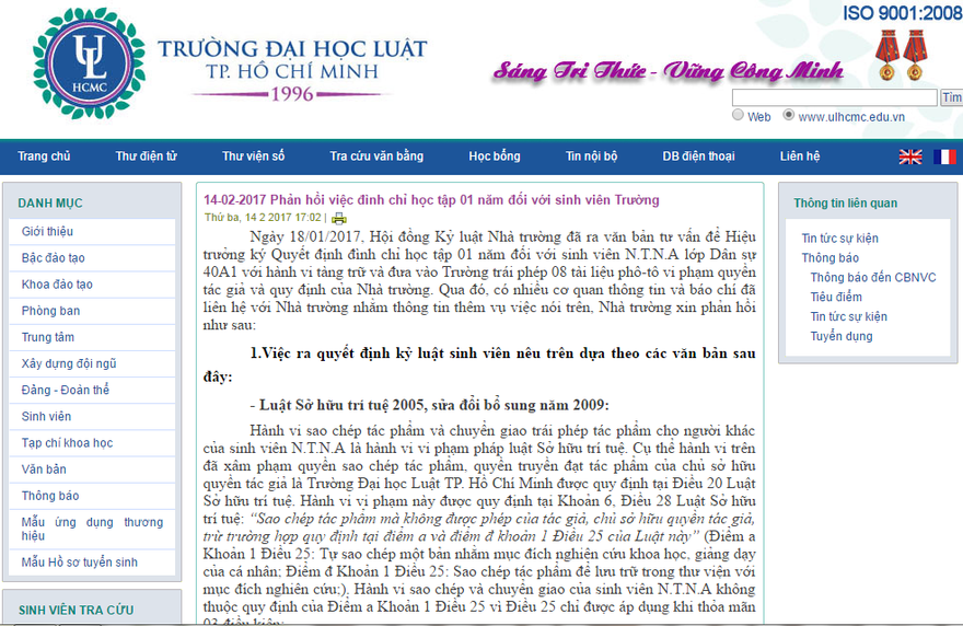 Thông báo được phát trên website của trường Đại học Luật TPHCM khẳng định trường kiên quyết xử lý vi phạm