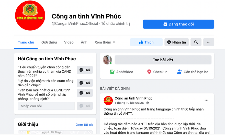 Fanpage của Công an tỉnh Vĩnh Phúc.