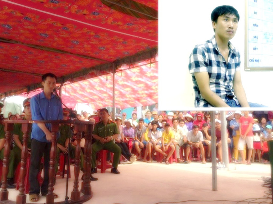 Bùi Văn Xuân Lắm tại phiên tòa lưu động và thời điểm bị bắt (ảnh nhỏ). Ảnh: Tân Châu.