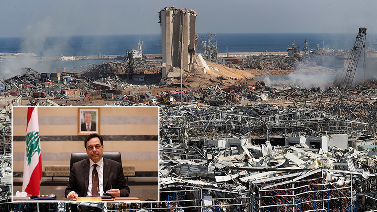 Ảnh lớn: Hiện trường vụ nổ ngày 4/8. Ảnh nhỏ: Thủ tướng Li-băng Hassan Diab. 