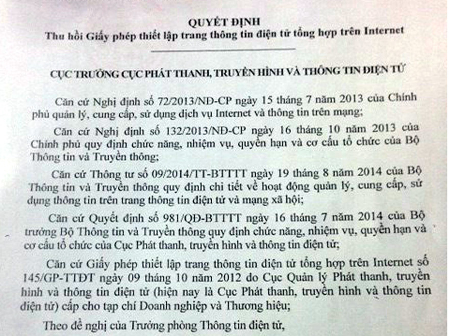 Thu hồi giấy phép trang tin Doanh nghiệp và Thương hiệu