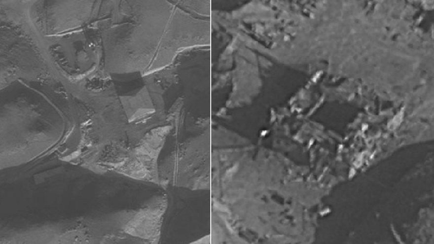 Khu phức hợp trước (trái) và sau (phải) khi bị phá huỷ. Ảnh: RT