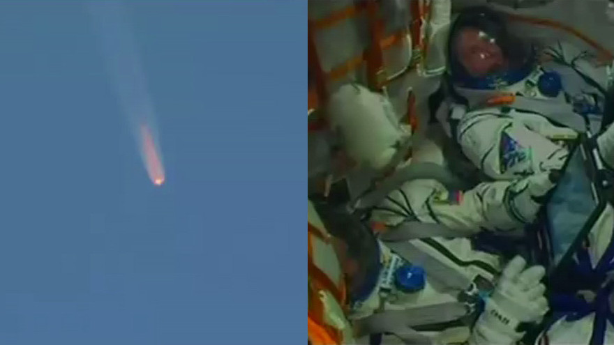Tàu vũ trụ Soyuz (trái) và 2 phi hành gia Nga - Mỹ (phải). Ảnh chụp màn hình
