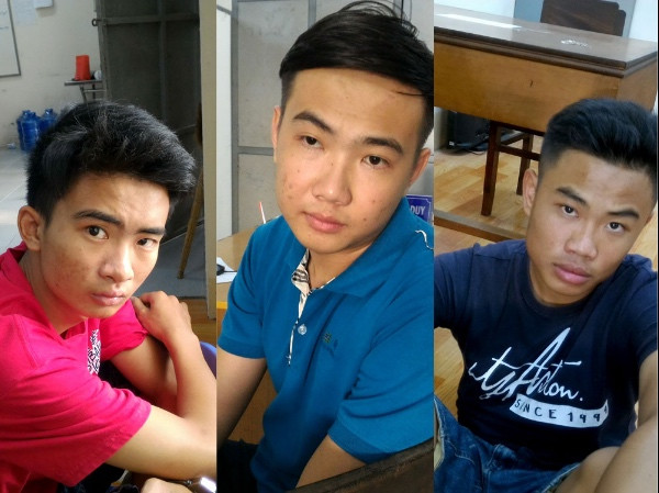 Các đối tượng Ngô Quốc Toàn, Thạch Minh Quân và Nguyễn Thanh Triều tại cơ quan công an. Ảnh: Bạn đọc cung cấp