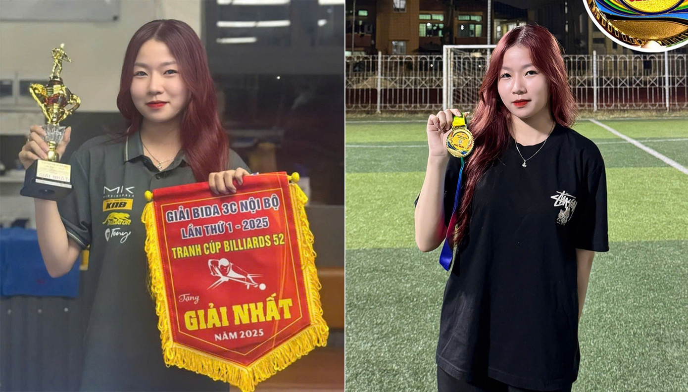 Khanh Linh เคยคว้ารางวัลชนะเลิศจากการแข่งขันบิลเลียดรายการอื่นๆ มาแล้วหลายครั้ง giai.jpg