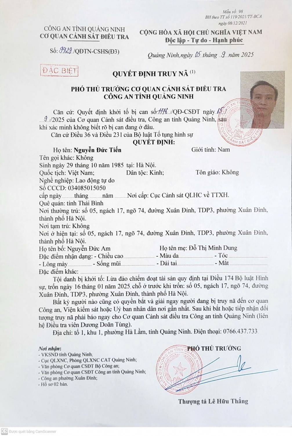 Quyết định truy nã đối với Nguyễn Đức Tiến. Ảnh: Cơ quan Công an. 3585.jpg