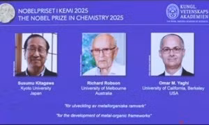 Giải Nobel Hóa học 2025 thuộc về 3 người tạo ra khung kim loại hữu cơ