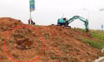 Hình ảnh máy xúc múc các hố để chôn lấp rác, gạch đá vào thân đê