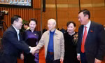 Tổng Bí thư, Chủ tịch nước Nguyễn Phú Trọng, Chủ tịch Quốc hội Nguyễn Thị Kim Ngân, Bí thư Thành ủy Hà Nội Vương Đình Huệ tại phiên họp sáng 29/3 Ảnh: TTXVN 