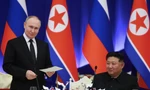 Tổng thống Nga Vladimir Putin và Chủ tịch Triều Tiên Kim Jong Un tại tiệc chiêu đãi ở Bình Nhưỡng ngày 19/6. (Ảnh: Sputnik)
