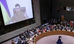 Tổng thống Ukraine Volodymyr Zelensky phát biểu trước Hội đồng Bảo an LHQ ngày 5/4. (Ảnh: Reuters)