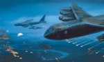 Trong bức tranh "Đường cao tốc đến Hà Nội" của họa sĩ Jack Fellows, máy bay B-52 không kích ban đêm trong Chiến dịch Linebacker II, bên dưới là lưới lửa phòng không của miền Bắc Việt Nam. Tranh: Jack Fellows/ASAA.