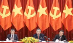 Tổng Bí thư Tô Lâm và các đồng chí lãnh đạo Đảng, Nhà nước trong cuộc tiếp đại diện chính đảng nhiều nước đến Việt Nam dự Lễ kỷ niệm 50 năm Ngày Giải phóng miền Nam, thống nhất đất nước. Ảnh: TTXVN
