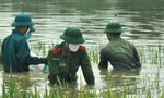 Đoàn viên thanh niên công an lội nước gặt lúa giúp người dân vùng lụt Hà Nội