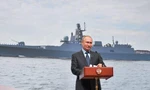 Tổng thống Nga Vladimir Putin tại buổi lễ đặt ky đóng các khinh hạm Đề án 22350 Đô đốc Chichagov và Đô đốc Amelko tại Severnaya Verf, ngày 23 tháng 4 năm 2019. Alexei Druzhinin \ TASS \Getty Images