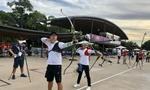 Phi Vũ, Ánh Nguyệt tại trường bắn Olympic Tokyo 2020. Ảnh: Thu Sâm/Đoàn TTVN
