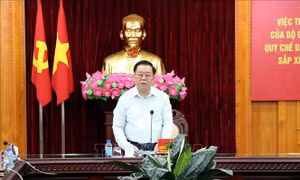 Ủy viên Bộ Chính trị, Bí thư Trung ương Đảng, Trưởng ban Tuyên giáo và Dân vận Trung ương Nguyễn Ngọc Nghĩa phát biểu tại cuộc làm việc. 