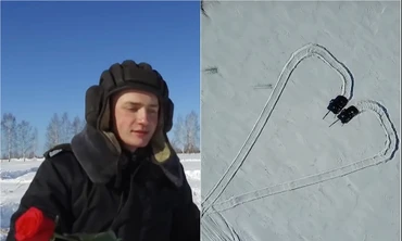 Binh sĩ Nga lái xe tăng vẽ trái tim trên tuyết chúc mừng ngày 8/3