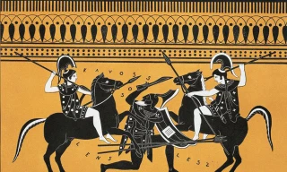 Hình minh họa mô tả các chiến binh Amazons trong trận chiến từ Bộ sưu tập des vases grecs de le Comte de M Lamberg, quyển II, Bảng 17, Paris, từ năm 1813 đến năm 1824, của Alexandre de Laborde.