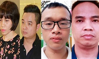 Các bị can từ trái qua Châu Nguyên Anh và Phạm Quang Minh, Lê Anh Tuấn và Nguyễn Đình Chiến