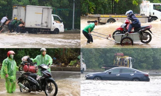 Đường gom đại lộ Thăng Long ngập đến bụng, nhiều dịch vụ 'cứu ngập' hoạt động hết công suất