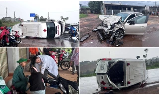 Nhiều người bị thương sau vụ xe cứu thương quay vòng, lật nghiêng khi va với ô tô con