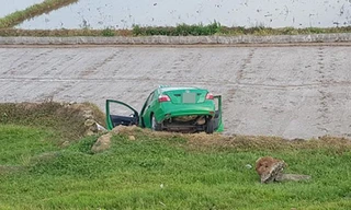 Chiếc taxi bị hư hỏng nặng sau khi lao xuống ruộng. Ảnh: Công an cung cấp