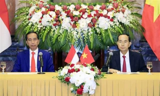 Chủ tịch nước Trần Đại Quang và Tổng thống Indonesia Joko Widodo tại Hà Nội ngày 11/9. Ảnh: Như Ý