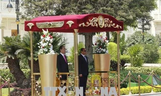 Chủ tịch nước Trần Đại Quang và Tổng thống Ai Cập Abdel Fattah Al Sisi tại lễ đón tiếp. Ảnh: TTXVN