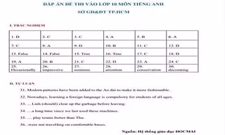 Đáp án môn Tiếng Anh tuyển sinh vào lớp 10 TP.HCM năm học 2020 - 2021