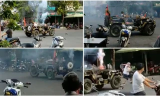  Người đàn ông chạy xe Jeep đốt pháo sáng, múa côn náo loạn trung tâm thương mại