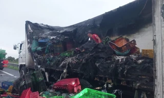 Xe tải chở ếch, ba ba bốc cháy ngùn ngụt trên cao tốc 