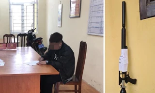 N. làm việc tại cơ quan công an và khẩu súng hơi. Ảnh Công an cung cấp.