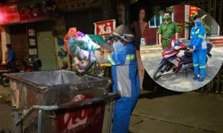 Chị T. đi làm vào tối 3/8 và cán bộ công an quận Nam Từ Liêm tặng chiếc xe máy cho chị T. (ảnh nhỏ).