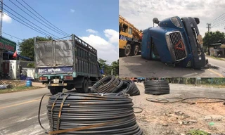 8 cuộn sắt lao từ container xuống đường đè bẹp xe máy đang lưu thông