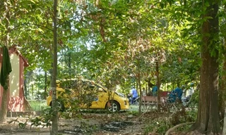 Chiếc xe taxi đậu trước cổng đình 