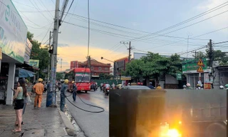 Đường dây điện 22kV sát trường tiểu học bị đứt, rơi xuống rồi bốc cháy trong cơn mưa